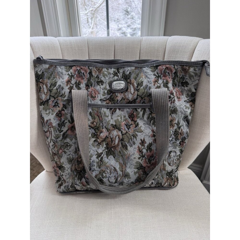 VTG 90s Jordache Floral Tapestry Travel Tote Weekender Gray Bag EUC Taiwan
